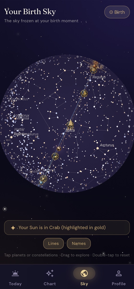 Astralora star globe showing the real night sky at the moment of birth, with planets in place