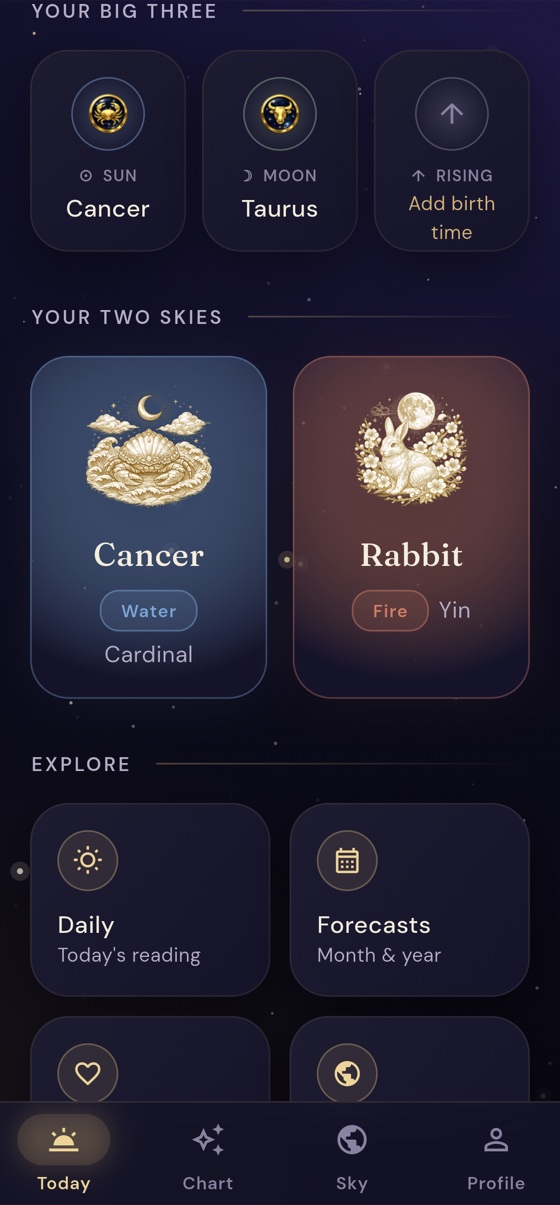 Astralora home screen showing the Big Three and the Western and Chinese sign cards